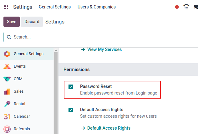 Enabling Password Reset in Odoo Settings