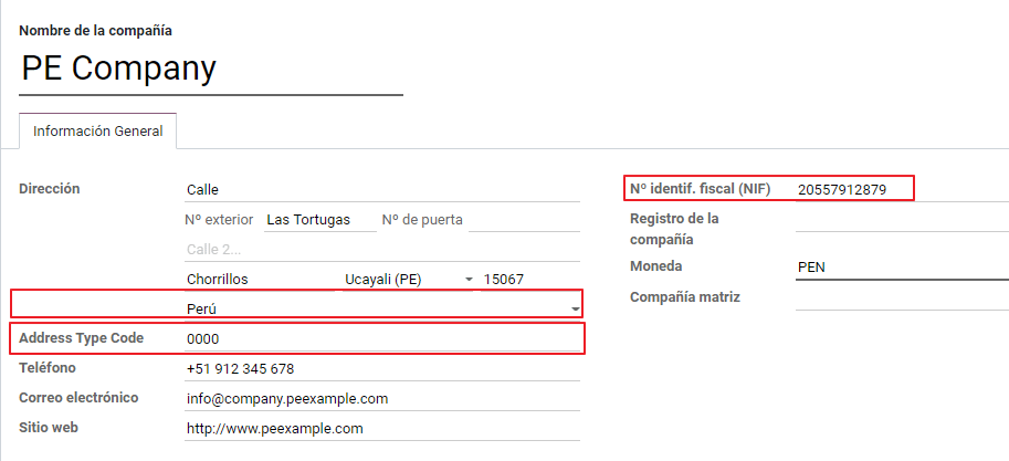 Company data for Peru including RUC and Address type code.