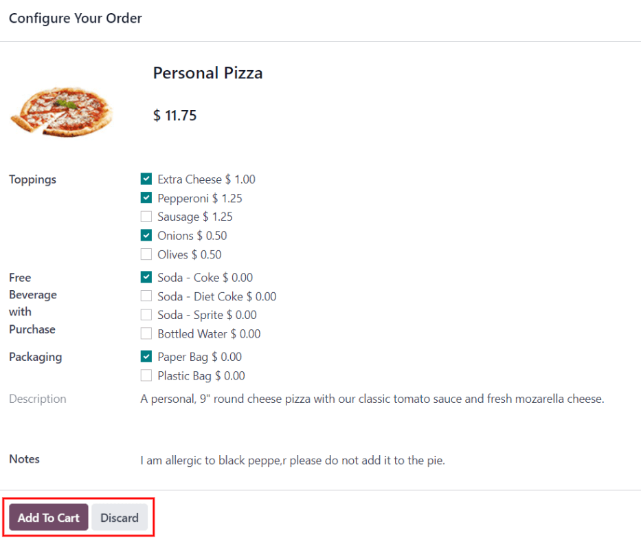 The pop-up window for a personal pizza, with all the extras highlighted and selected.