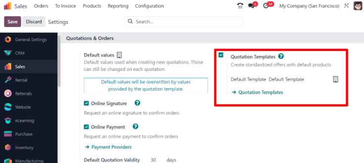 How to enable quotation templates on Odoo Sales.