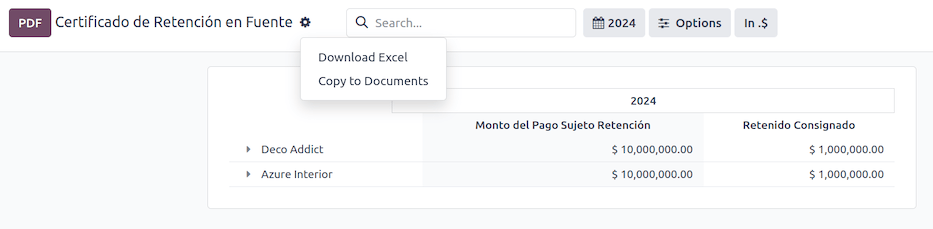 Certificado de Retención en Fuente report in Odoo Accounting.