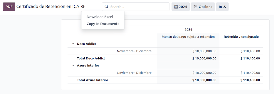 Certificado de Retención en ICA report in Odoo Accounting.
