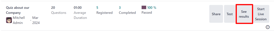 The 'See Results' button present on the main dashboard of the Odoo Surveys application.