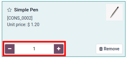 The purple add and subtract buttons are used to set the quantity of an item.