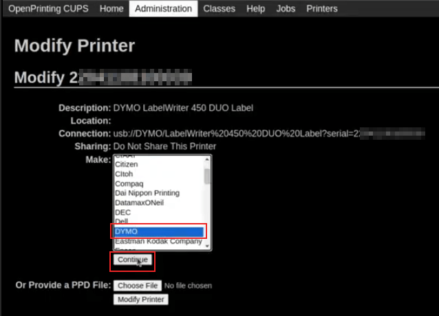 Setting the make page, with DYMO and continue highlighted.