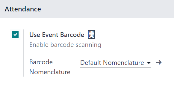 The Attendance section in the Odoo Events Settings page in the Odoo Events application.