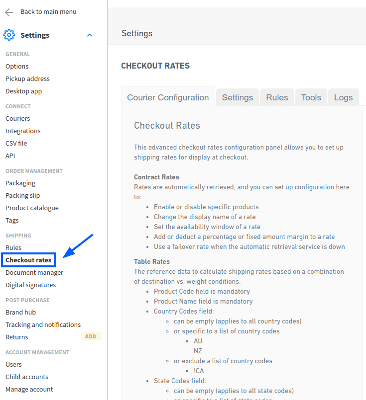 Checkout rates in the Starshipit settings.