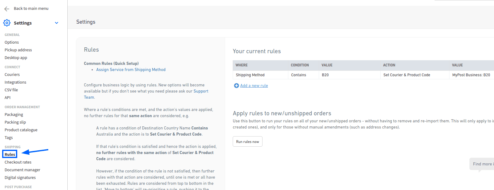 Shipping rules in the Starshipit settings.