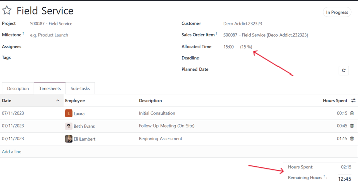 How the Timesheets tab appears on a task form in Odoo Sales and Odoo Project.