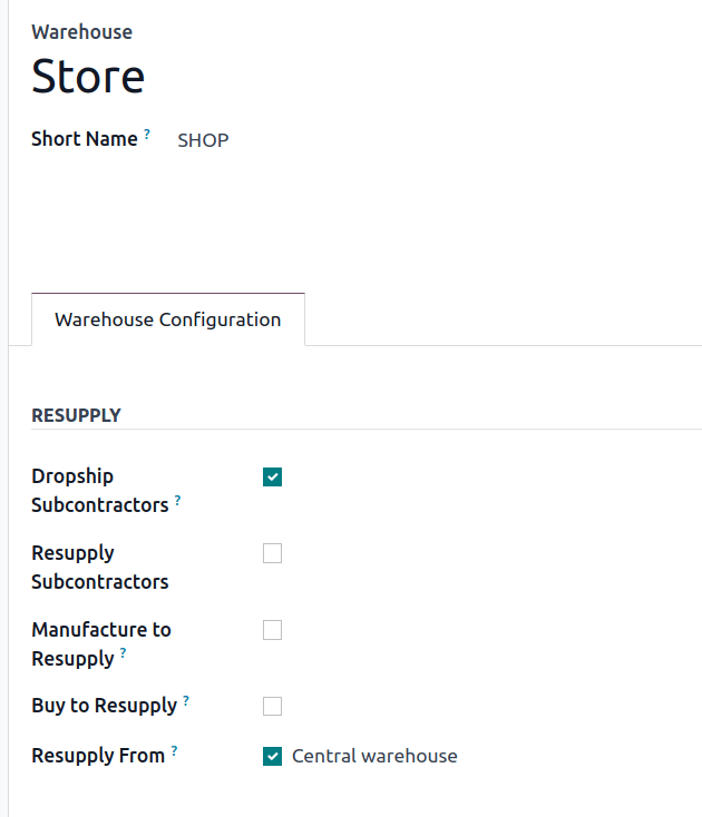 Supply one warehouse with another in the Warehouse Configuration tab.